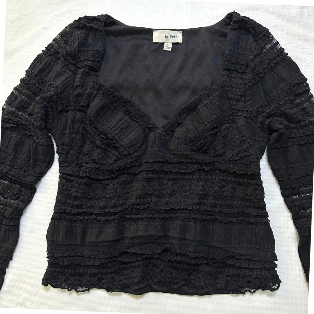 Black Lace Blouse Top M Tiered Ruffle Fairycore Whimsigoth Coquette Romantic